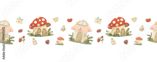 Cute mushroom house seamless border pattern with fairy garden elements and ladybugs.