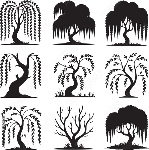 Silhouette illustrations of various trees with different leaf shapes and styles