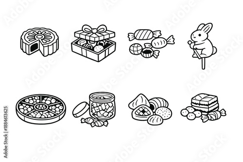Sweets and desserts icon set. Containing cake, candy, chocolate, cookie, bonbon, treat, dessert, gift, and more.