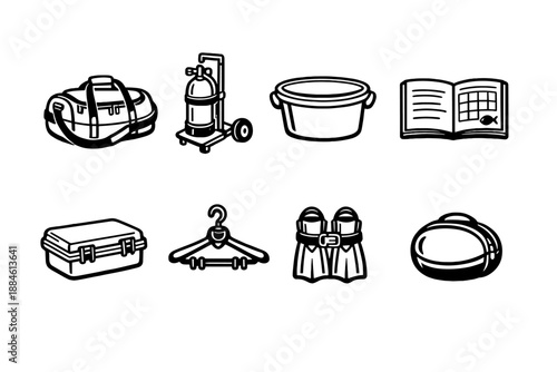 Storage and Utility Icon Set. Containing bag, fire extinguisher, container, book, toolbox, hanger, belts, and more.
