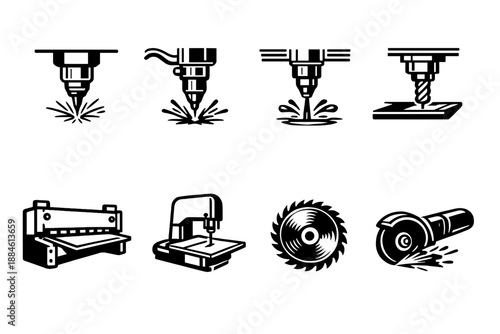 Machining and fabrication icon set. Containing drill, cutter, laser, saw, press, lathe, tool, machinery and more.