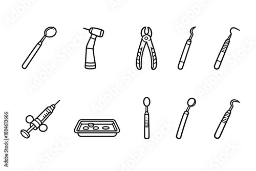 Dental Tools Icon Set. Featuring tools, instruments, syringe, scaler, mirror, forceps, drill, tray, and more.