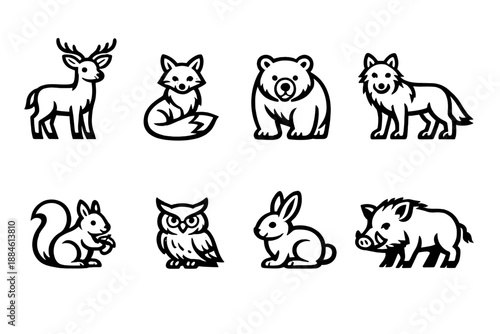 Animal icons set. Containing deer, fox, bear, wolf, squirrel, owl, rabbit, boar and more.