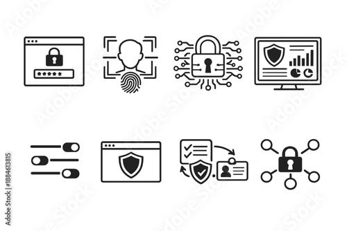 Security and protection icon set. Containing shield, lock, password, data, fingerprint, user, monitor, threat, access, firewall, authentication, privacy, network, risk, compliance,
