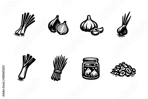 Food Ingredients Icon Set: Containing garlic, onion, scallion, shallot, chives, jar, seeds, bulbs, and more.