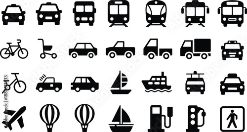 Black transportation and travel icons set, cars, buses, trains, bicycles, boats, airplanes and urban mobility symbols for web, app and infographic vector design