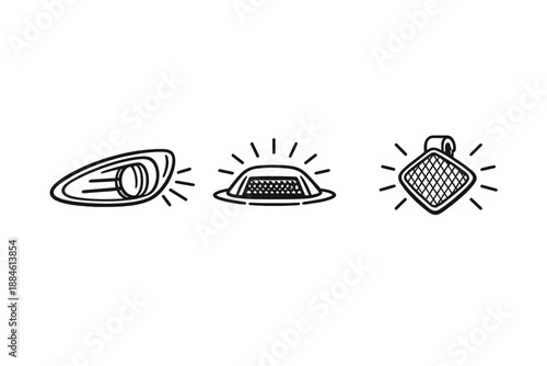 Lighting and alarm icon set. Featuring light, alert, signal, beacon, safety, warning, indicator, illumination, emergency, message.