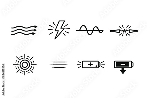 Energy and Power Icons Set. Including electricity, battery, solar, waves, voltage, light, flow, and more.