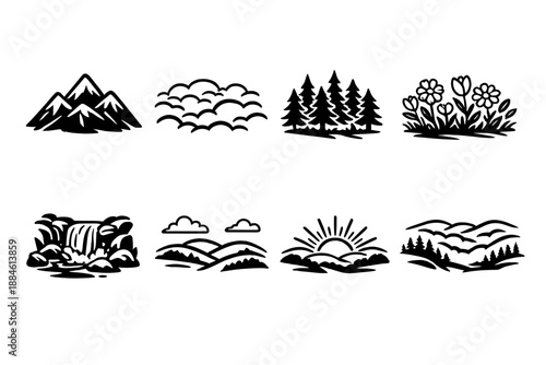 Nature and Landscape Icon Set. Featuring mountains, clouds, trees, flowers, waterfall, sun, hills, and more.