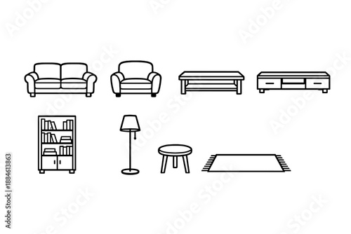 Furniture and Home Decor Icon Set. Featuring sofa, chair, table, lamp, bookshelf, rug, cabinet, and more.