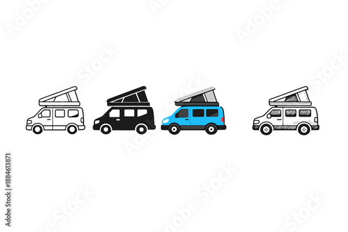 Camping and travel vehicle icon set. Featuring camper, van, RV, road trip, outdoor, adventure, travel, campervan, journey.