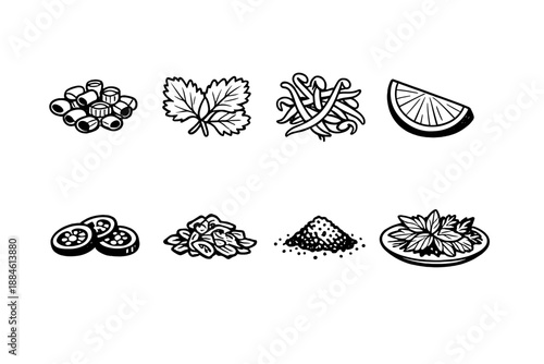 Food and cooking icon set. Containing ingredients, herbs, spices, vegetables, fruits, nutrition, cuisine, meal, flavor and more.