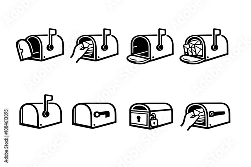 Mailbox icon set. Containing mail, letter, delivery, post, message, communication, package, receiver, sender, address, storage, notification, open, close, secure, retrieval, insert