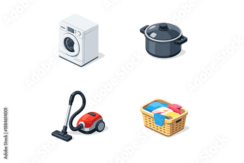 Household Appliances Icon Set. Featuring washer, vacuum, pot, laundry basket, steam, cleaning, utility, home, chores and more.