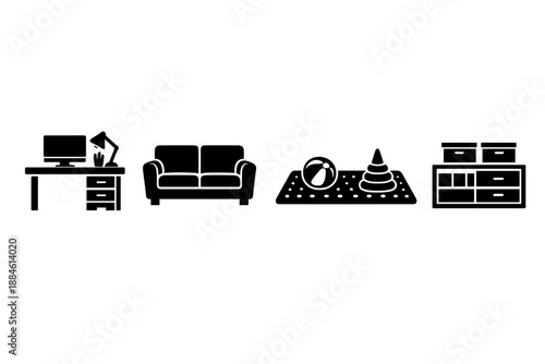 Furniture and interior design icon set. Containing chair, table, sofa, lamp, bed, shelf, cabinet, couch and more.