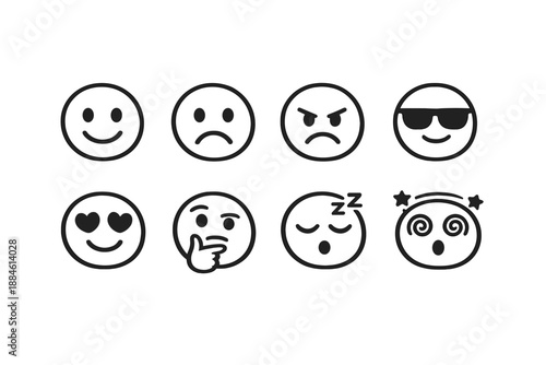 Emoticon icon set. Featuring smiley, sad, angry, surprised, heart, sleep, sunglasses, and curious icons.