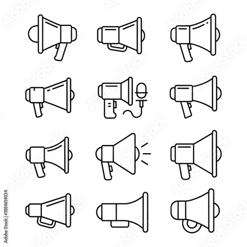 Nine black and white line of megaphones in different angles and styles communication