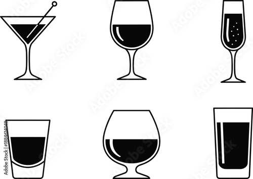 Minimal drink glass icons set with cocktail wine champagne silhouettes, black vector bar beverage illustration isolated on white background design
