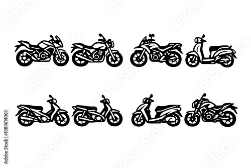 Motorcycle and Scooter Icon Set. Containing bike, ride, wheels, travel, motorbike, engine, speed, urban, transport, maneuver, handlebars, throttle, two-wheeler, cruiser, gear,