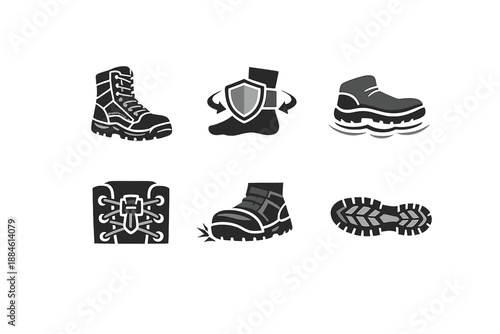 Footwear and protection icon set. Featuring boots, shoes, laces, soles, shields, and more.
