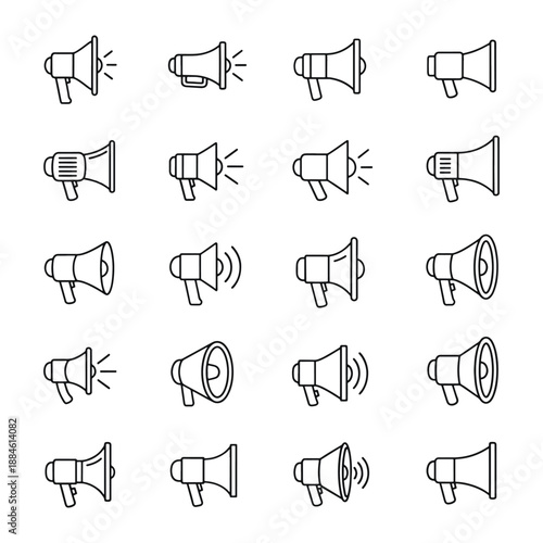Set of twelve black and white megaphone with various sound effects wave