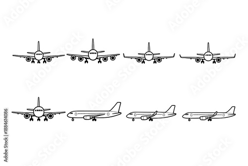 Airplane icons set. Containing flight, jet, aircraft, aviation, travel, wings, passenger, transport, landing and more.