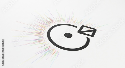 デジタルで描かれた抽象的なレコードアイコンからカラフルな光線が鮮やかに広がり音のエネルギーを表現する幻想的なアート. AI Generated