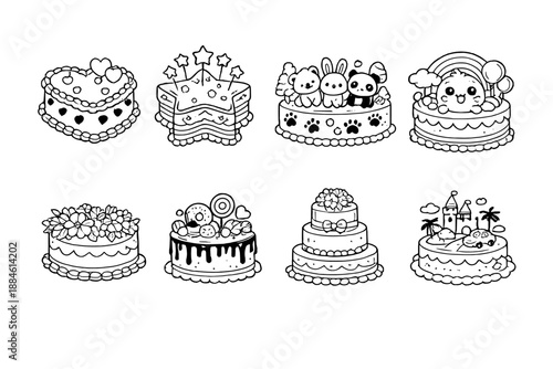 Dessert and celebration icon set. Featuring cake, birthday, sweet, treat, frosting, pastry, party, celebration, decoration, slice, plate, layers, occasion, chocolate, sugar,