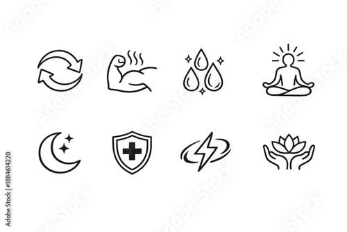 Health and wellness icon set. Containing fitness, meditation, hydration, recovery, energy, yoga, nutrition, balance and more.