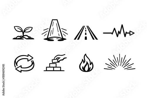 Environmental and Energy Icons Set: Plant, Flame, Road, Soundwave, Recycle, Sunlight, Obelisk, Building