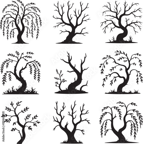 silhouette of various trees with different shapes and leaves