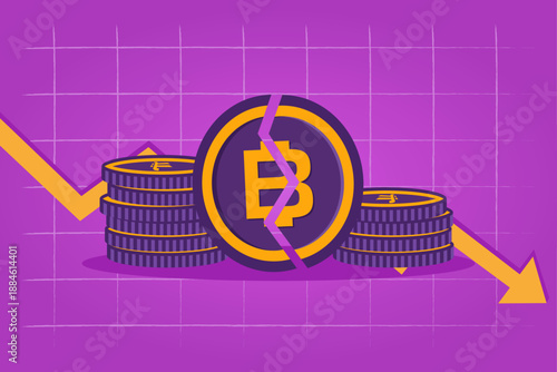 Coin crash. Cracked coin with stacks of coins and a falling arrow indicating a market crash. 