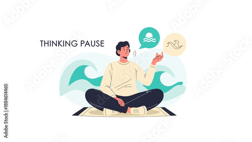 Man Meditating in Lotus Pose, Thinking Pause, Waves and Sun Icons, Calm Mind