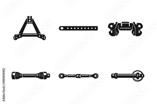Mechanical parts icon set. Containing bearings, axles, joints, tracks, linkages, connectors, and more.