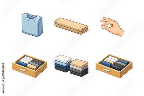Laundry and organization icon set. Containing clothing, folding, storage, drawer, textile, fabric, neat, home, clean, tidying, manage, arrangement, tidiness, system, sort, basket,