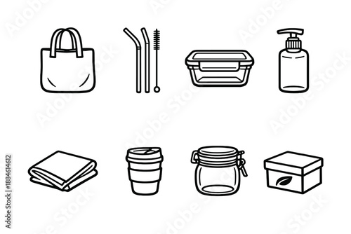 Sustainable Lifestyle Icon Set: Featuring reusable bags, containers, straws, toiletries, and more.