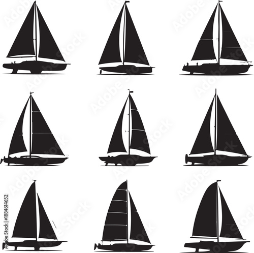 Silhouettes of sailboats on water in various positions