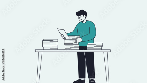 Man Organizing Paperwork on Desk, Business Workflow Illustration