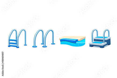 Swimming and pool icon set. Featuring ladder, slide, float, stairs, water, dive, recreation, leisure and more.