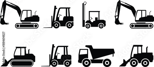 Construction machinery silhouette set with excavator, forklift, bulldozer, and dump truck icons for industrial, logistics, and engineering illustration