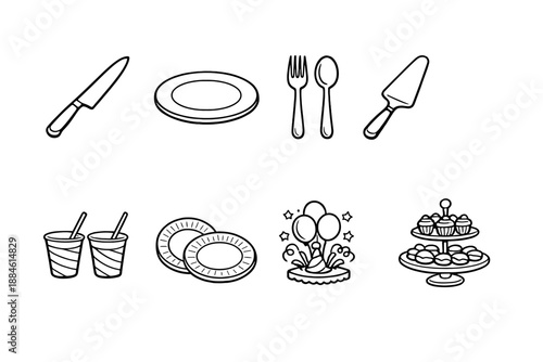 Food and Celebration Icon Set. Containing knife, plate, fork, spoon, dessert, drinks, cake, balloons, party, and more.