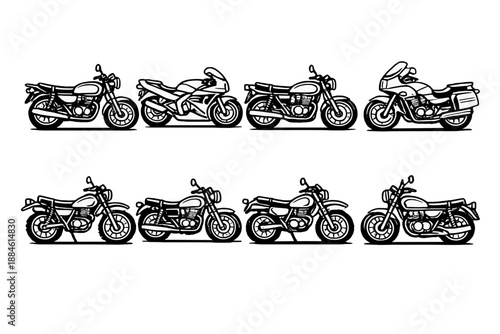 Motorcycle Icon Set: Featuring bike, rider, racing, cruiser, scooter, sports, touring, wheel, helmet, engine, throttle, exhaust, brake, speed, handlebar, fuel, saddle, gear,