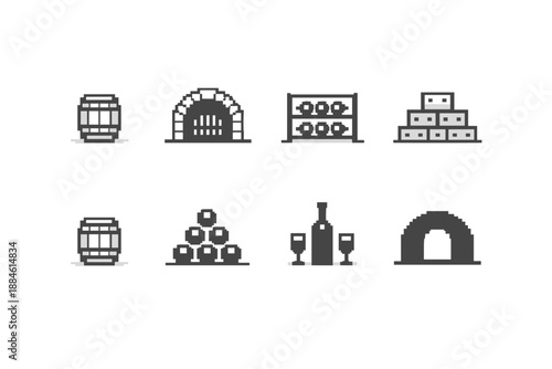 Beverage and Storage Icon Set. Featuring barrel, wine, cellar, bottle, rack, storage, cork, glass and more.