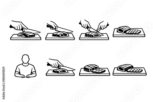 Cooking and preparation icon set. Containing knife, chopping, cutting, food, table, chef, culinary, skill, slice, ingredients, recipe, meal, kitchen, cook, hand, plate, dish, fresh
