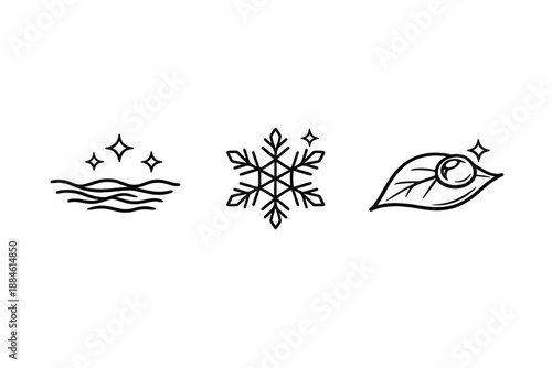 Nature and Weather Icons Set. Containing water, snowflake, leaf, climate, season, rainfall, sunshine, temperature and more.
