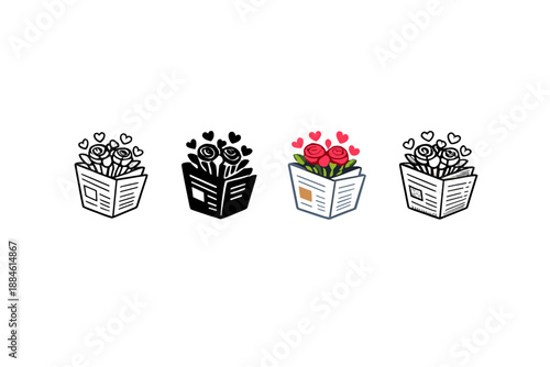 Floral and gift icon set. Including bouquet, flower, present, love, celebration, delivery, romance, arrangement, surprise, and more.