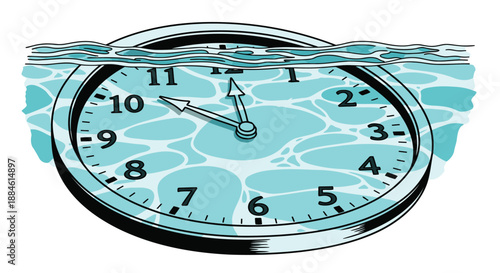 An illustration of a clock partially submerged in water, representing the passage of time