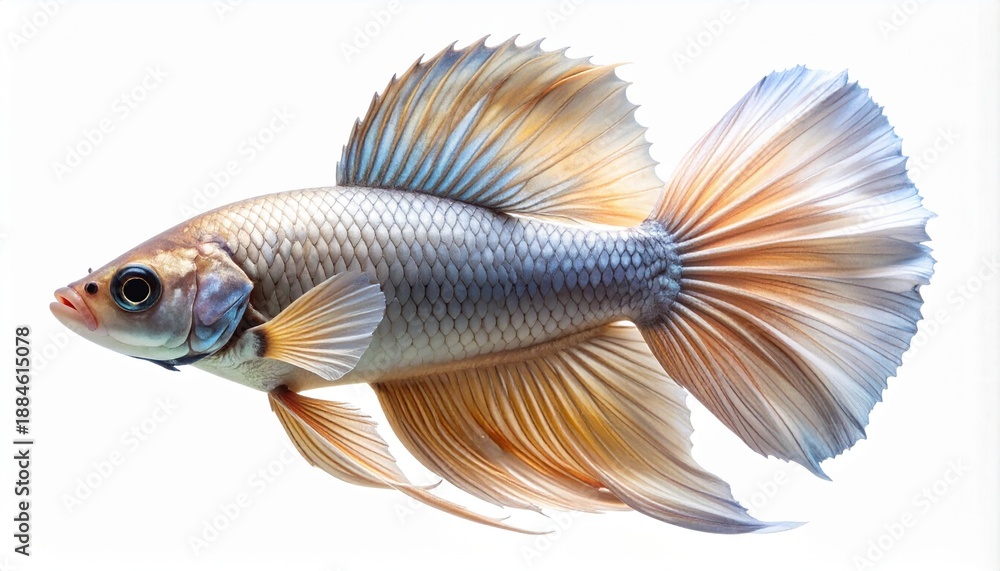 Fototapeta premium Beautiful Siamese fighting fish, Betta splendens, with elegant long fins in shades of gold and blue. Aquatic pet concept, studio shot of a single freshwater fish isolated on a white background.