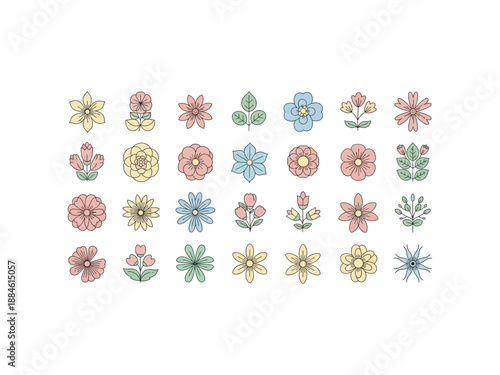 Diverse flower bloom symbols in various colors and shapes for spring and summer decorations