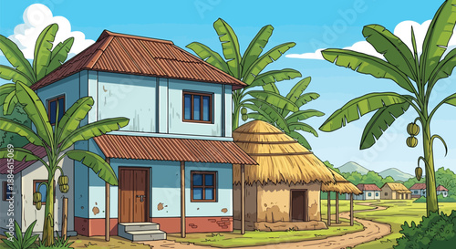 Cartoon Background A traditional two-story house sits beside a thatched hut, surrounded by lush palm trees and green fields in a rural setting.